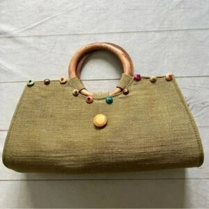 Unbranded bohemian round wooden handles Boho straw wooded beaded tote bag